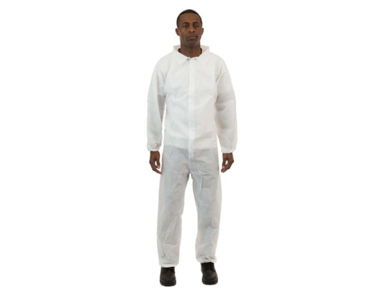 International Enviroguard Style 2223 white SMS disposable coverall with elastic wrist and elastic ankle, storm flap over front zipper, 3-layer protection