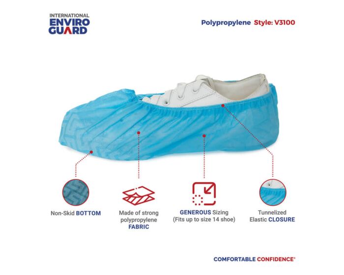 Blue shoe cover with features highlighted on a white background, branded as International Enviro Guard.