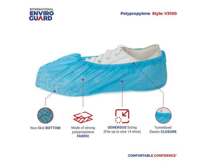 Blue shoe cover with features highlighted on a white background, branded as International Enviro Guard.