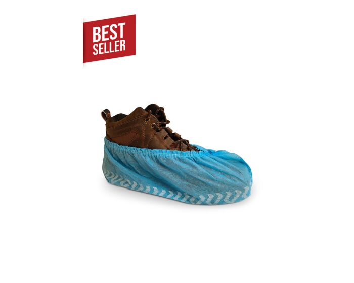 Blue shoe cover over a brown boot with a 'Best Seller' label on a white background