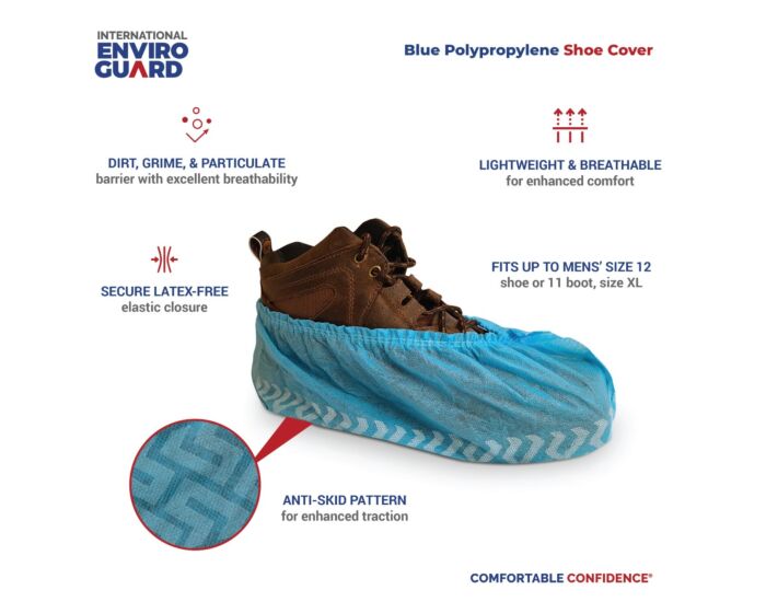 Blue polypropylene shoe cover with features highlighted on a white background