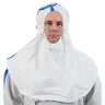 Person wearing a white protective suit with blue accents on a white background
