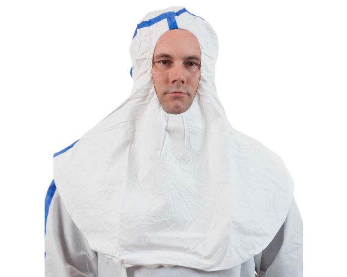 Person wearing a white protective suit with blue accents on a white background