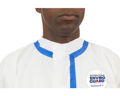 Person wearing a white shirt with blue accents and an International Enviro Guard logo.