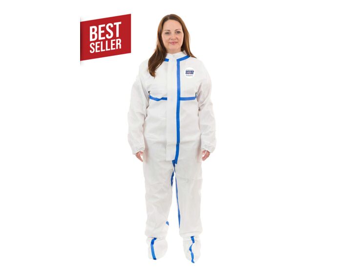 Woman wearing a white onesie with blue accents on a white background, featuring a 'Best Seller' label.
