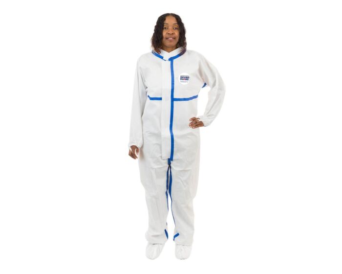 Person wearing a white coverall with blue accents on a white background