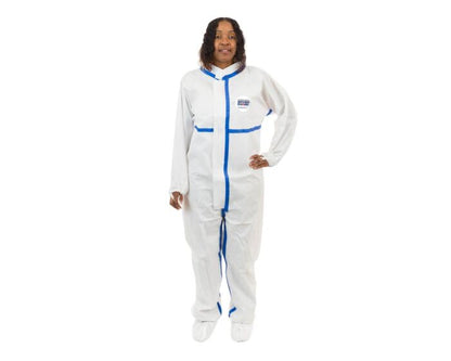 Person wearing a white coverall with blue accents on a white background
