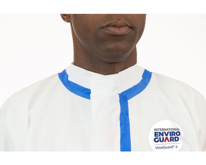 Person wearing a white shirt with blue accents and an International Enviroguard logo.