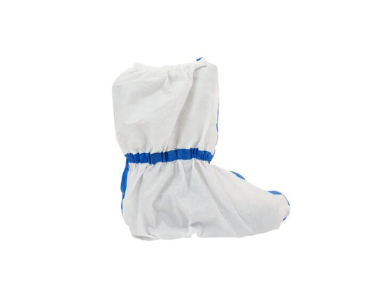 White shoe cover with blue trim on a white background