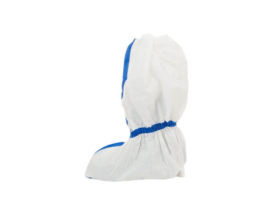 White boot cover with blue trim on a white background